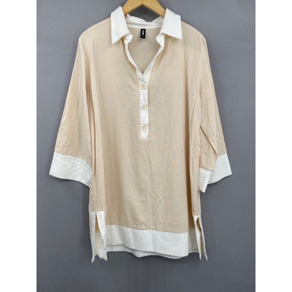 Stylewe Tunic Top Womens‎ Medium Beige White Linen Blend Henley Beach Relaxed